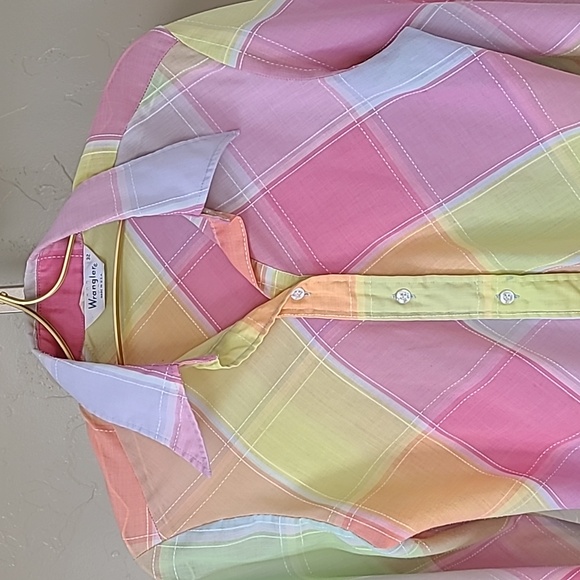 Wrangler Vintage Rare 1970's Hippie Rainbow Pastel Plaid Button Up Shirt XS/Smal - Picture 4 of 16